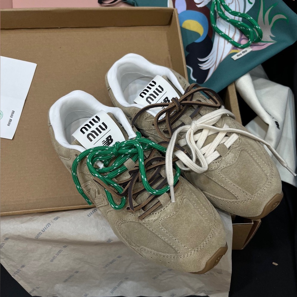 Miu Miu Beige Sneakers with Green and Brown Laces